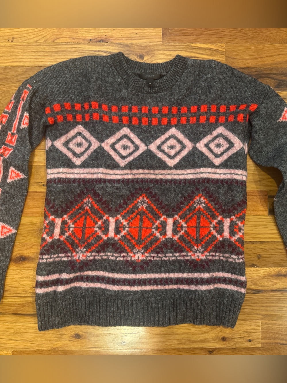 J. Crew Gray Sweater with Red & Pink Fair Isle Motif